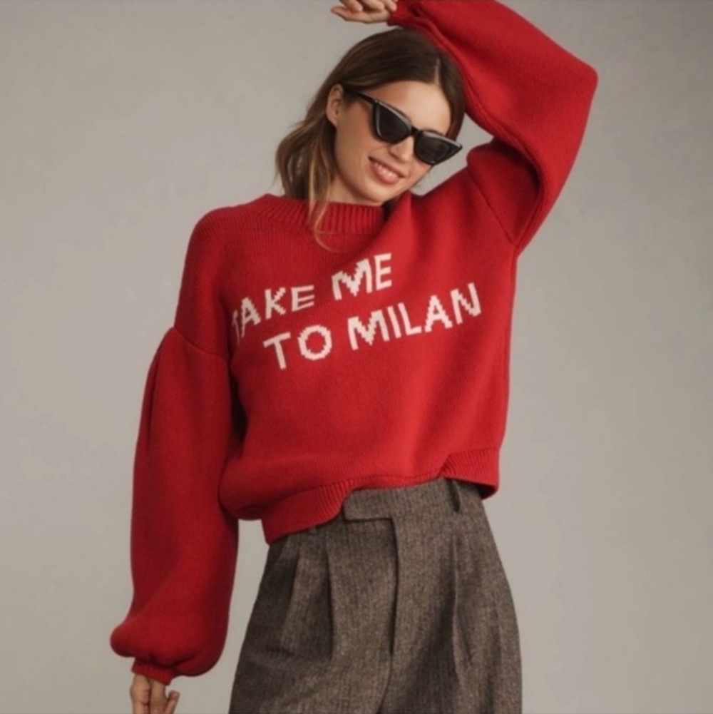 ANTHROPOLOGIE Maeve Crew Neck Take Me To Milan Oversized Red Knit Sweater NWT